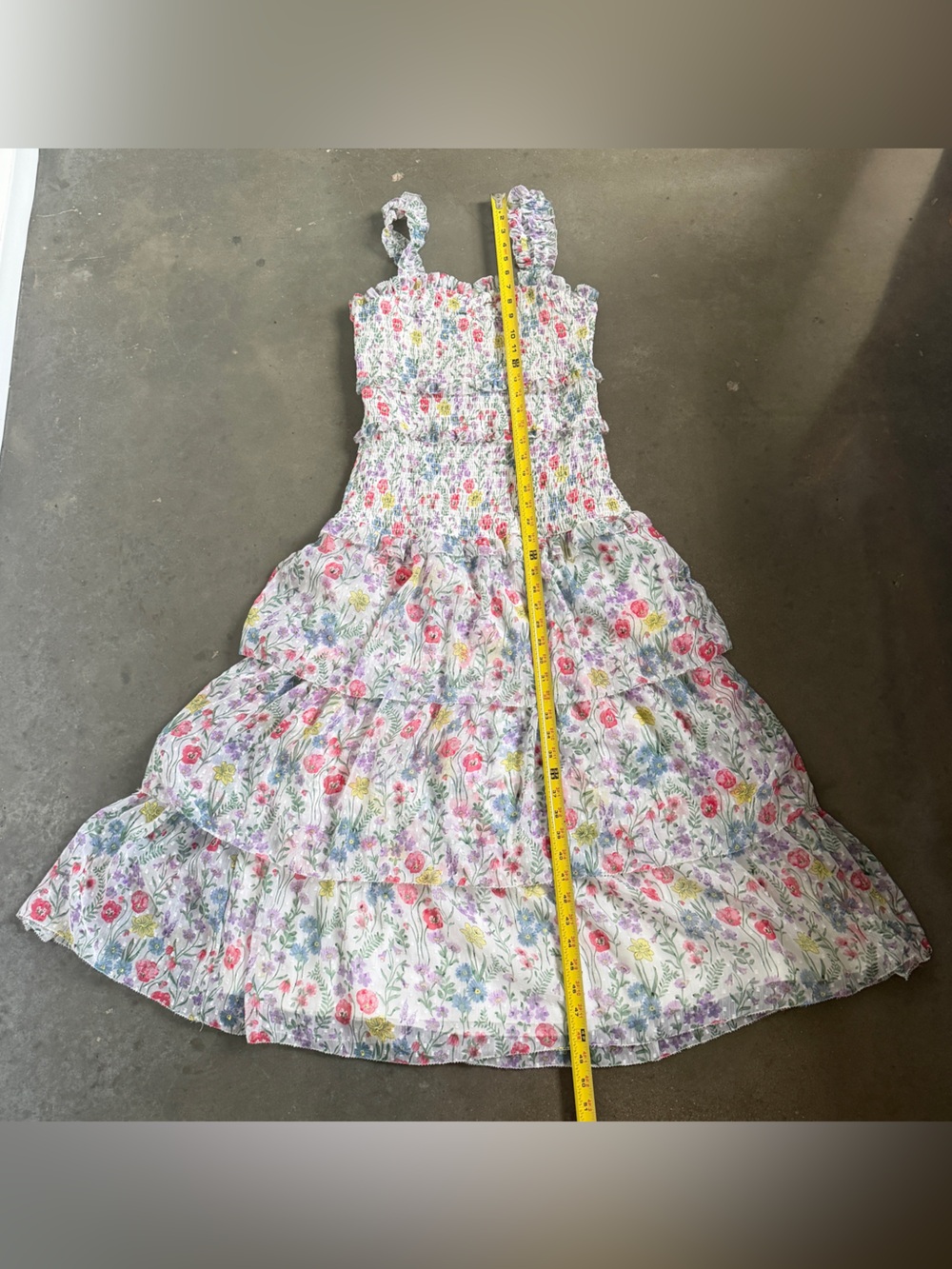 SAYLOR Floral Smocked Tiered Dress White Pink & Yellow Floral Ruffle Small - Picture 7 of 14
